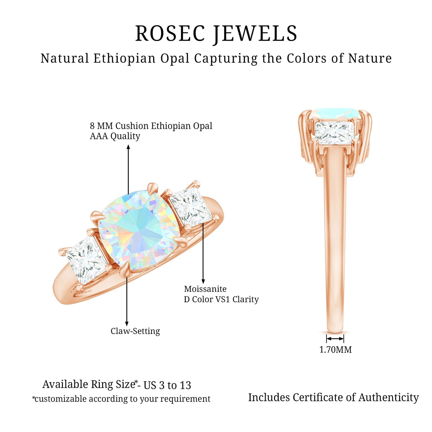 1.8 Carat Genuine Cushion Cut Ethiopian Opal 3 Stone Engagement Ring with Moissanite