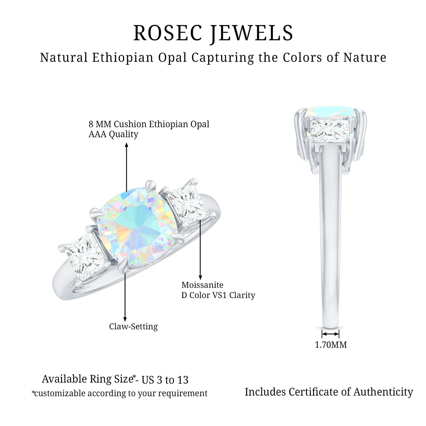 1.8 Carat Genuine Cushion Cut Ethiopian Opal 3 Stone Engagement Ring with Moissanite