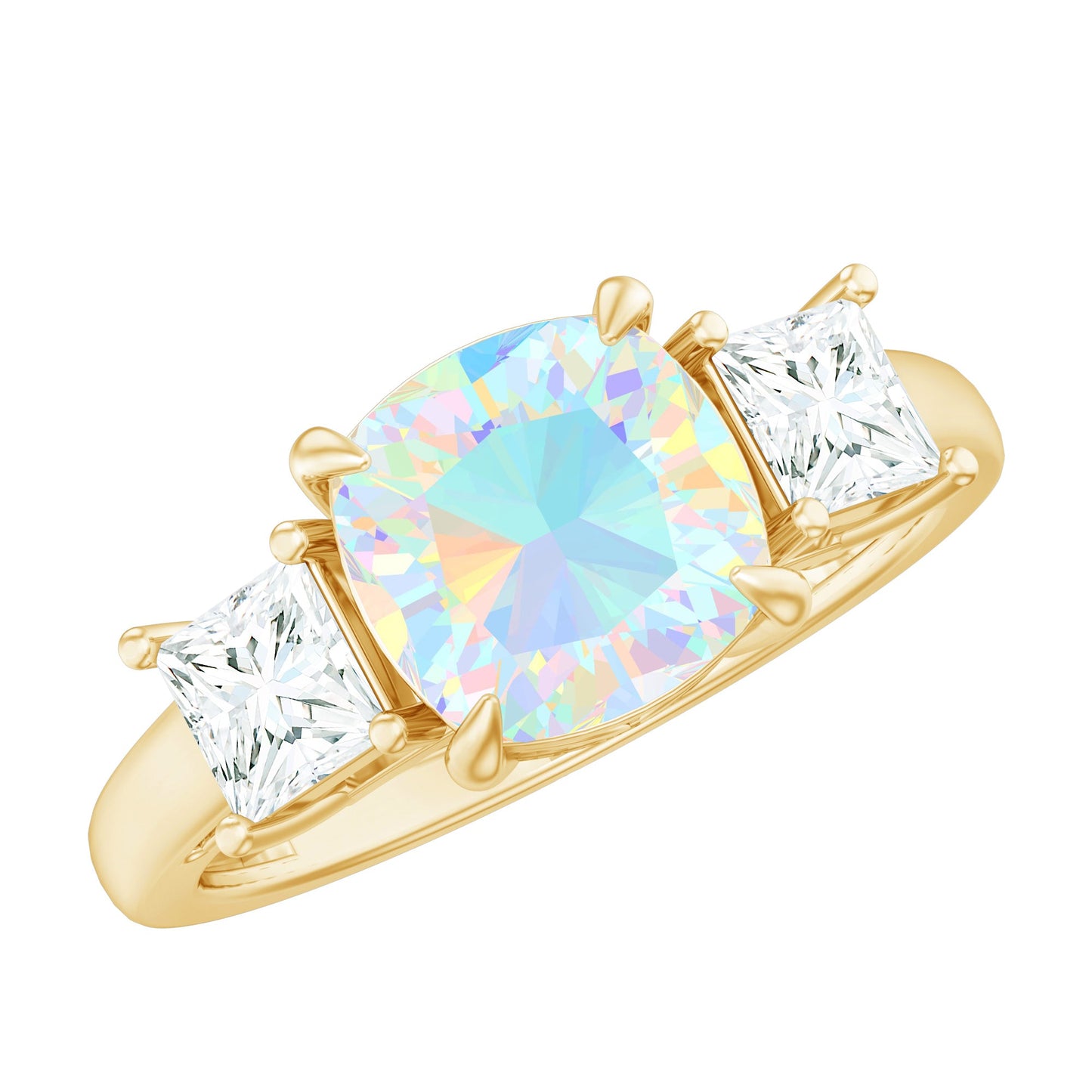 1.8 Carat Genuine Cushion Cut Ethiopian Opal 3 Stone Engagement Ring with Moissanite