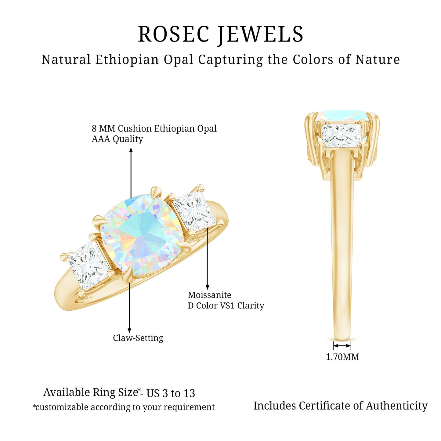 1.8 Carat Genuine Cushion Cut Ethiopian Opal 3 Stone Engagement Ring with Moissanite