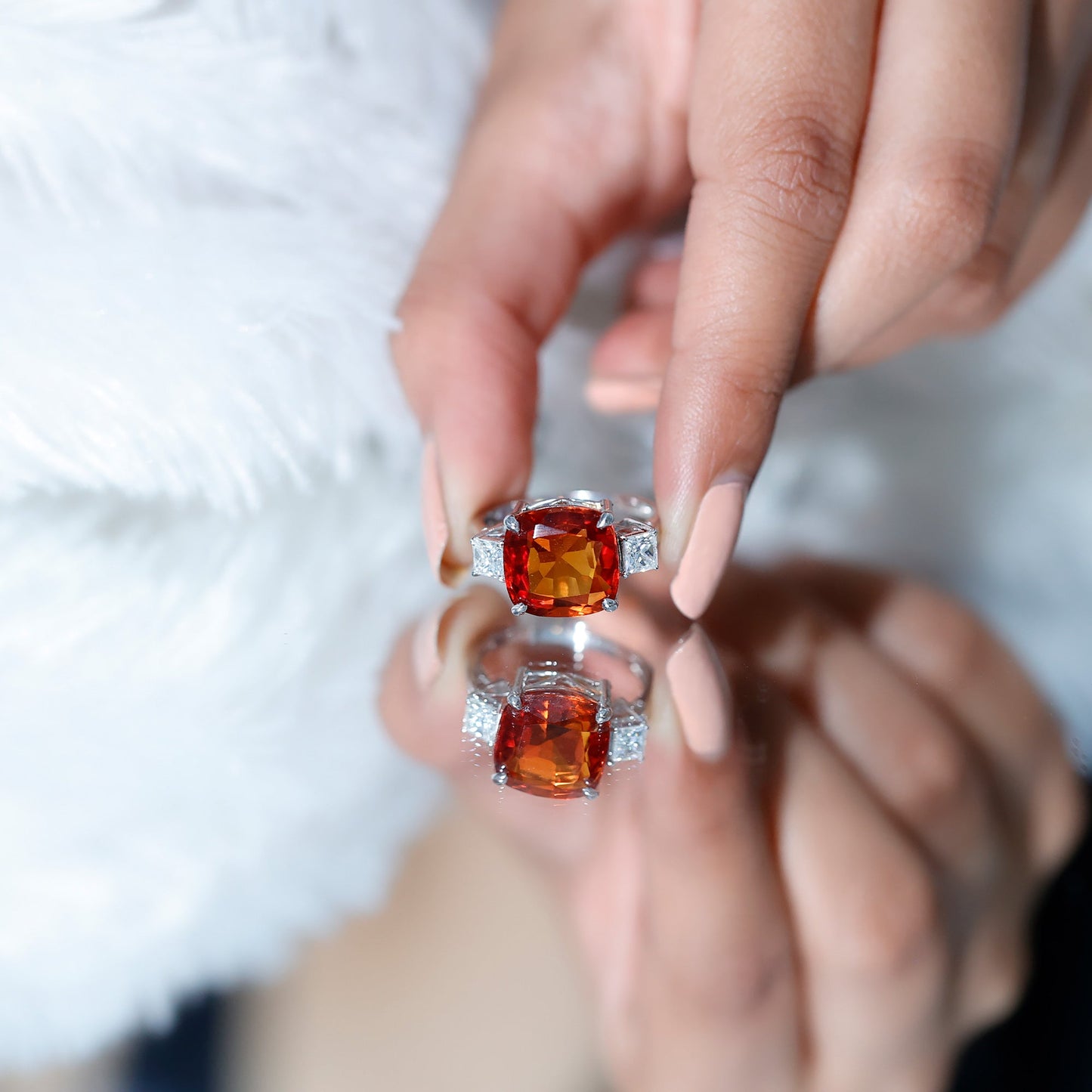 9 Carat Cushion Cut Lab Grown Orange Sapphire 3 Stone Engagement Ring
