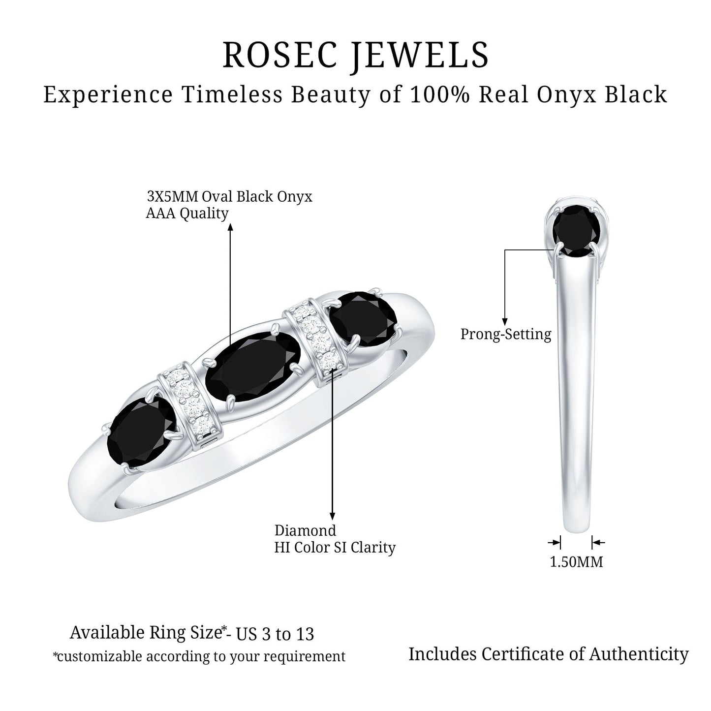 East West Set Black Onyx 3 Stone Anniversary Ring