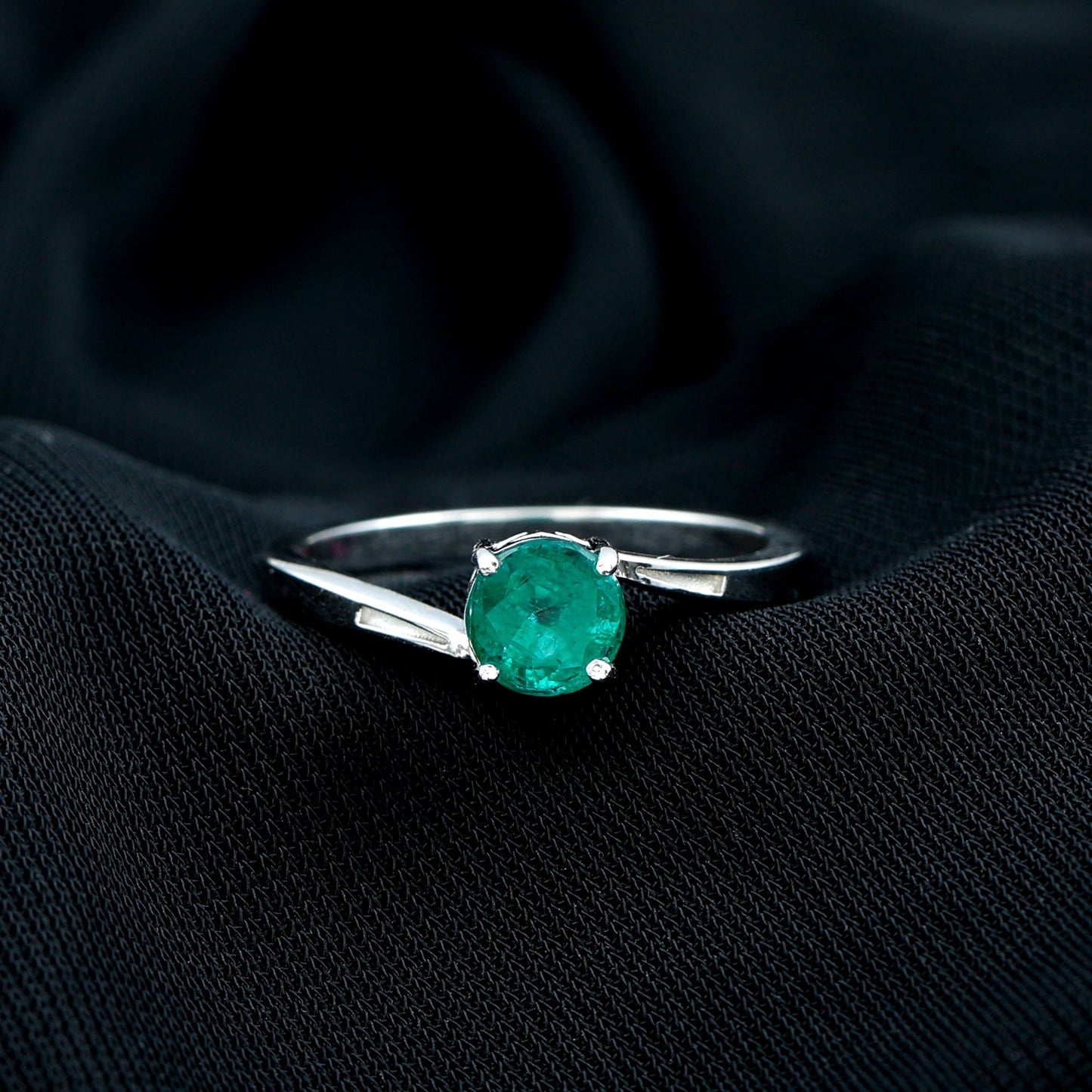 Round Emerald Solitaire Engagement Ring in Bypass Shank