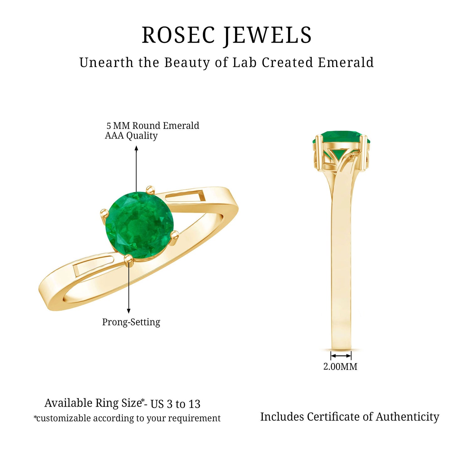 Round Emerald Solitaire Engagement Ring in Bypass Shank