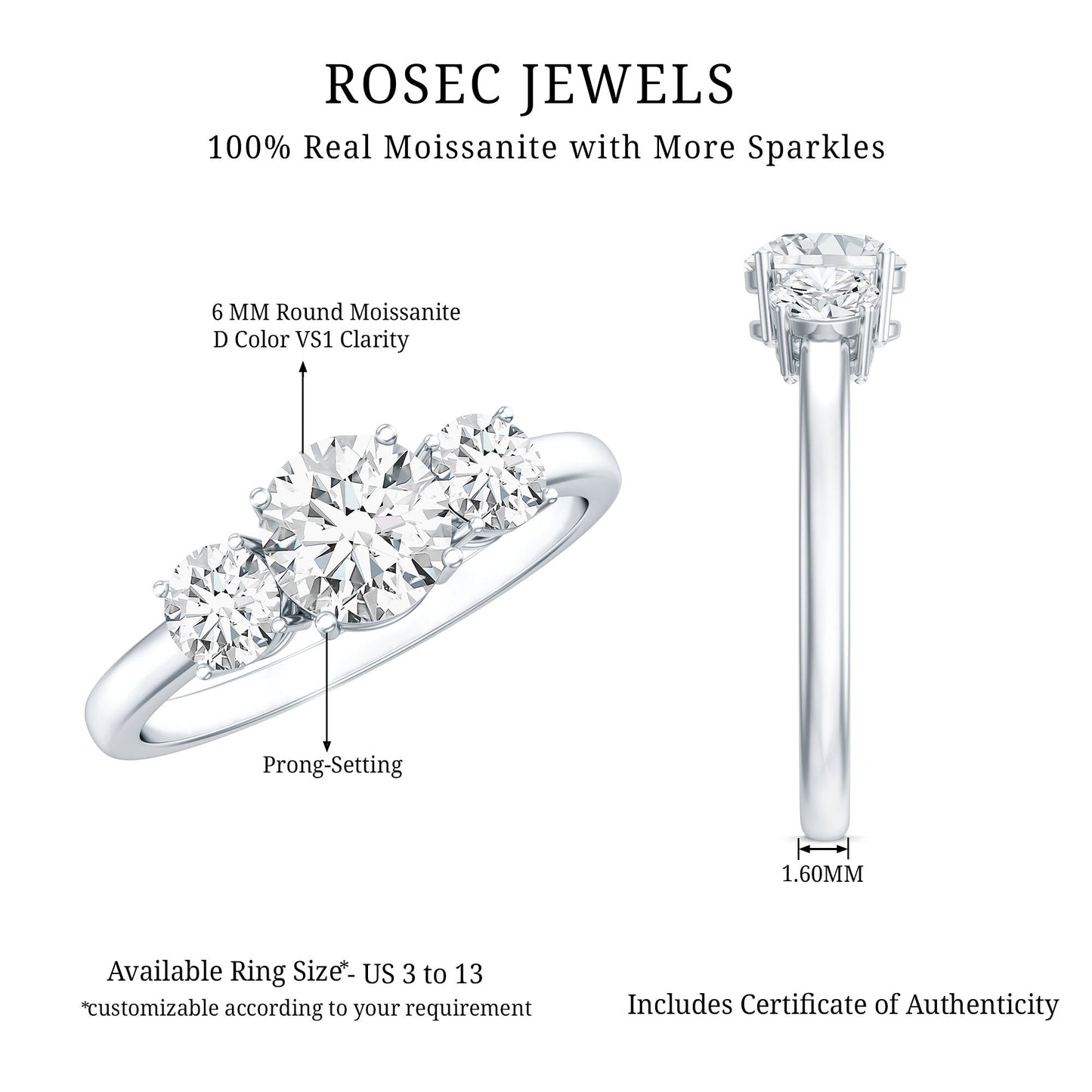 Certified Moissanite Three Stone Engagement Ring For Her