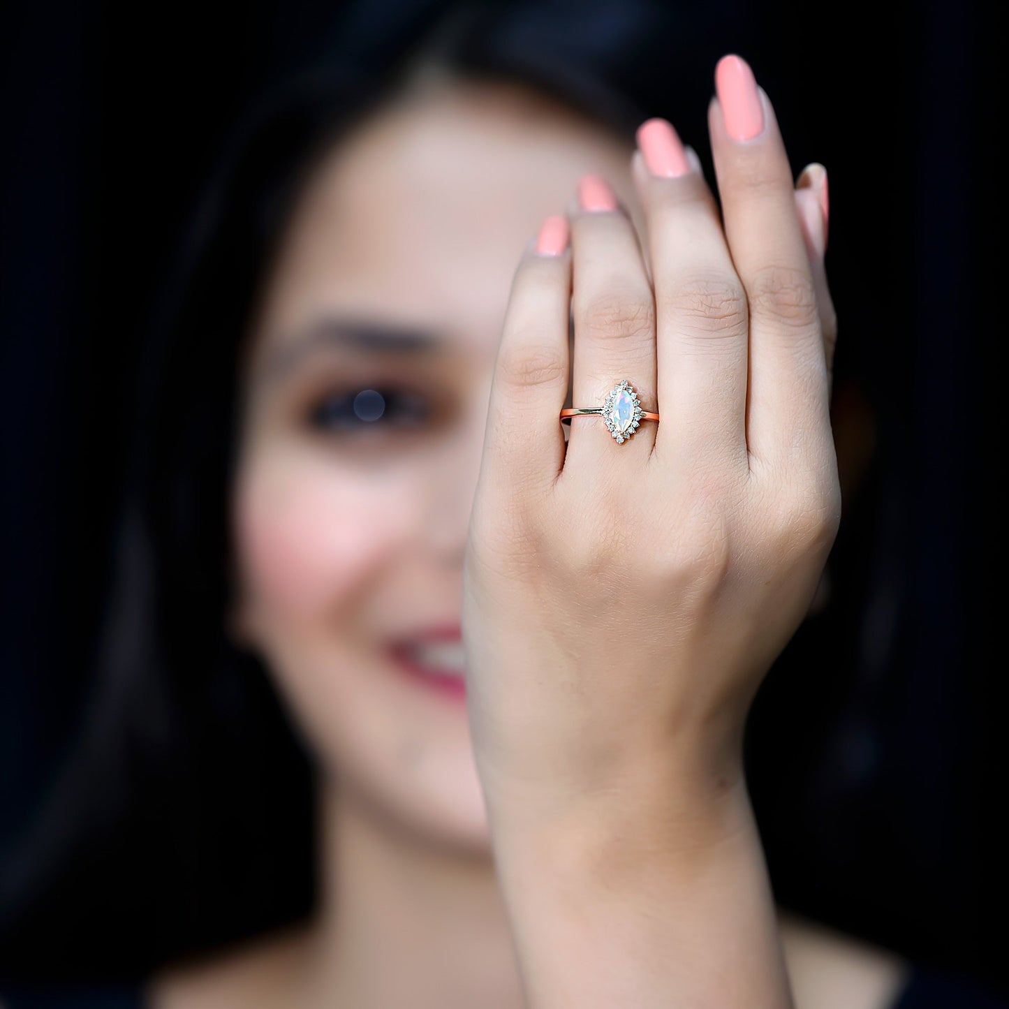 0.5 Carat Ethiopian Opal Marquise Cut Engagement Ring with Diamond Halo