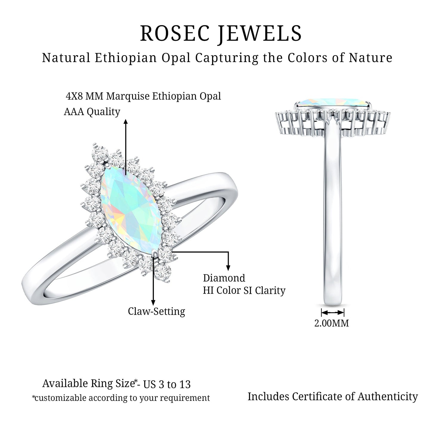 0.5 Carat Ethiopian Opal Marquise Cut Engagement Ring with Diamond Halo