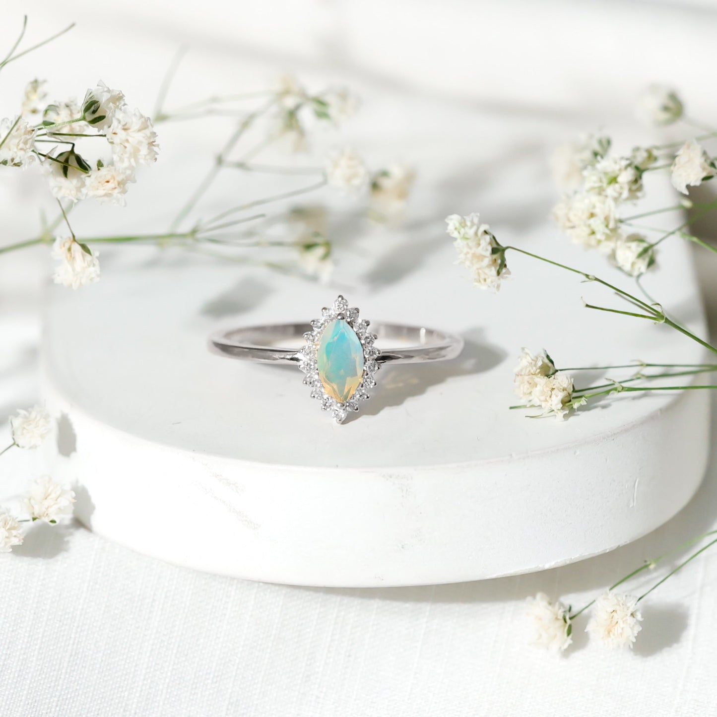 0.5 Carat Ethiopian Opal Marquise Cut Engagement Ring with Diamond Halo