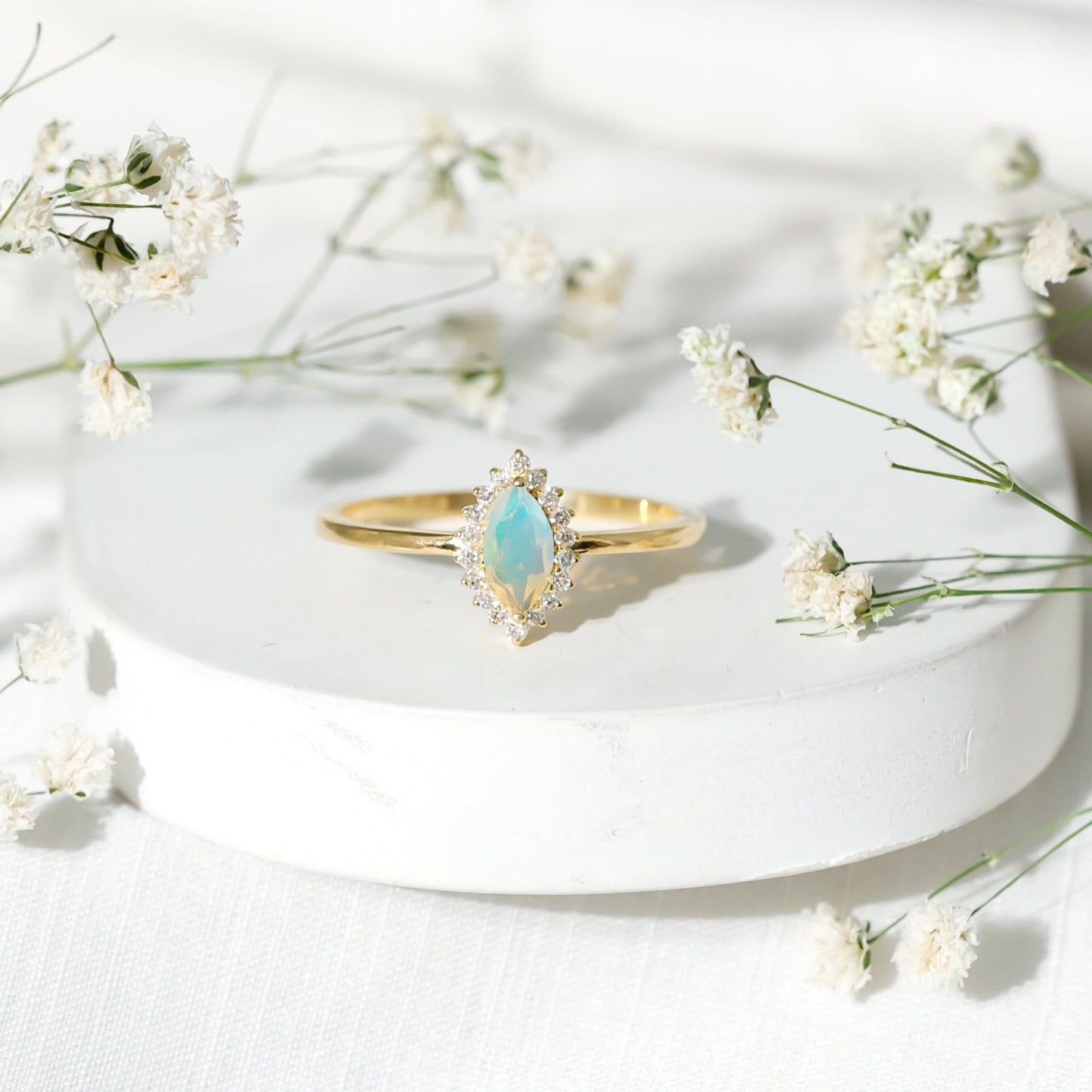 0.5 Carat Ethiopian Opal Marquise Cut Engagement Ring with Diamond Halo