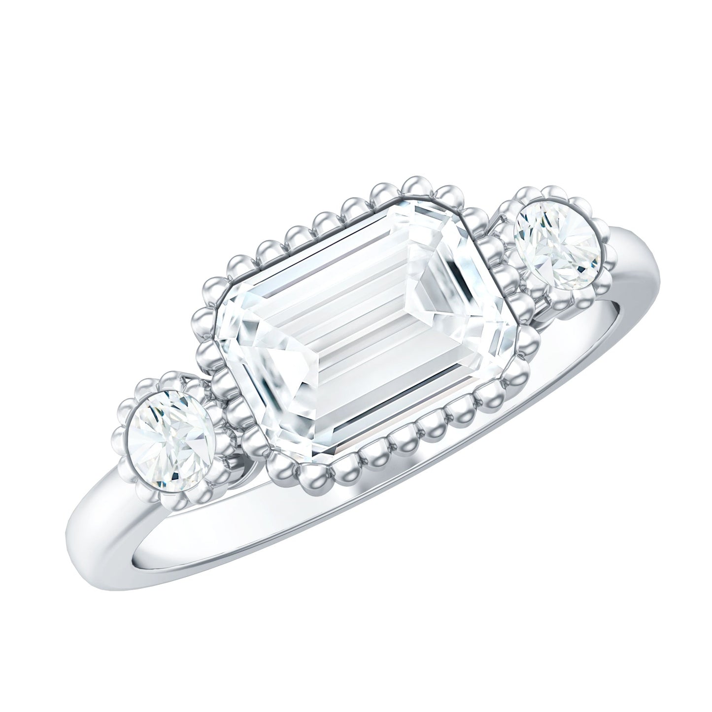 1.8 Carat Emerald Cut Moissanite 3 Stone Engagement Ring in East West Style