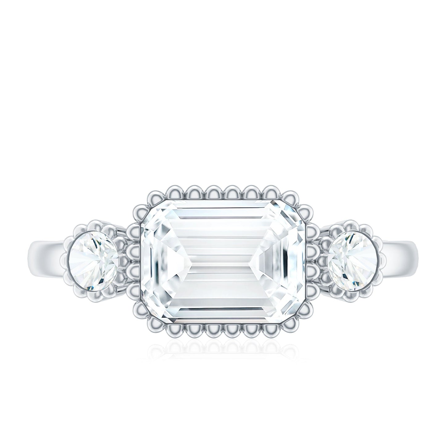1.8 Carat Emerald Cut Moissanite 3 Stone Engagement Ring in East West Style