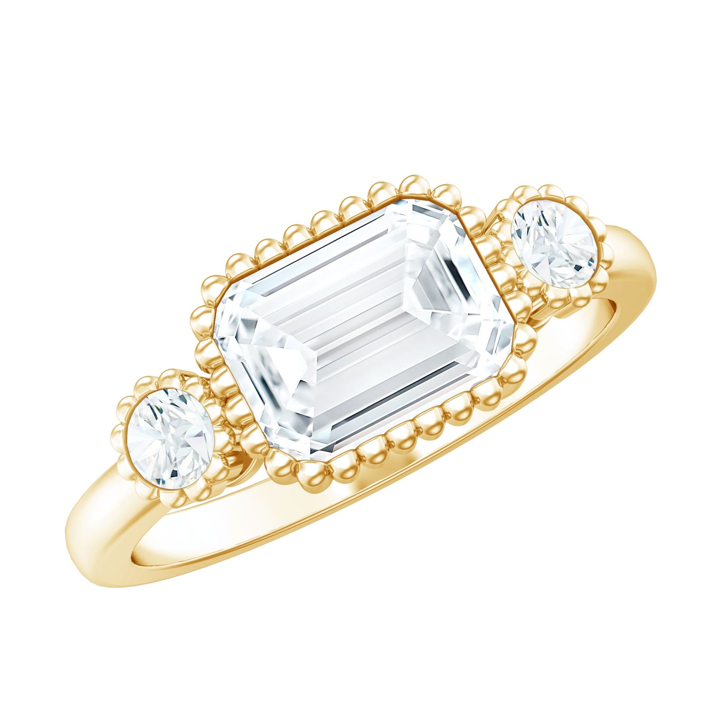 1.8 Carat Emerald Cut Moissanite 3 Stone Engagement Ring in East West Style