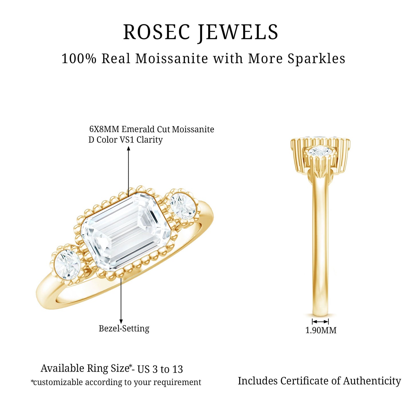 1.8 Carat Emerald Cut Moissanite 3 Stone Engagement Ring in East West Style