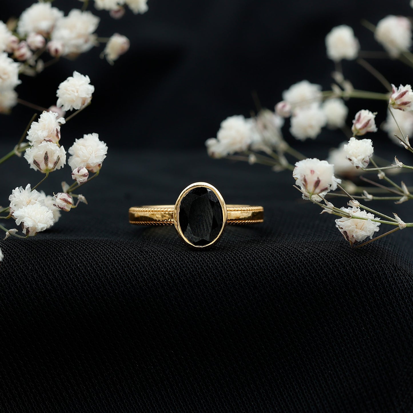 Simple Oval Cut Black Onyx Solitaire Ring in Bezel Setting