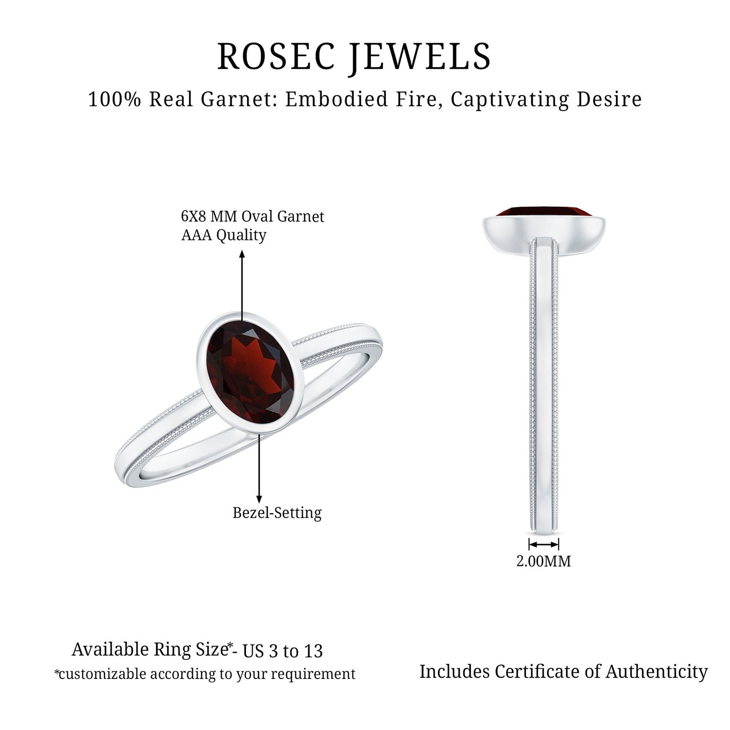 Certified Real Garnet Oval Engagement Ring in Bezel Setting
