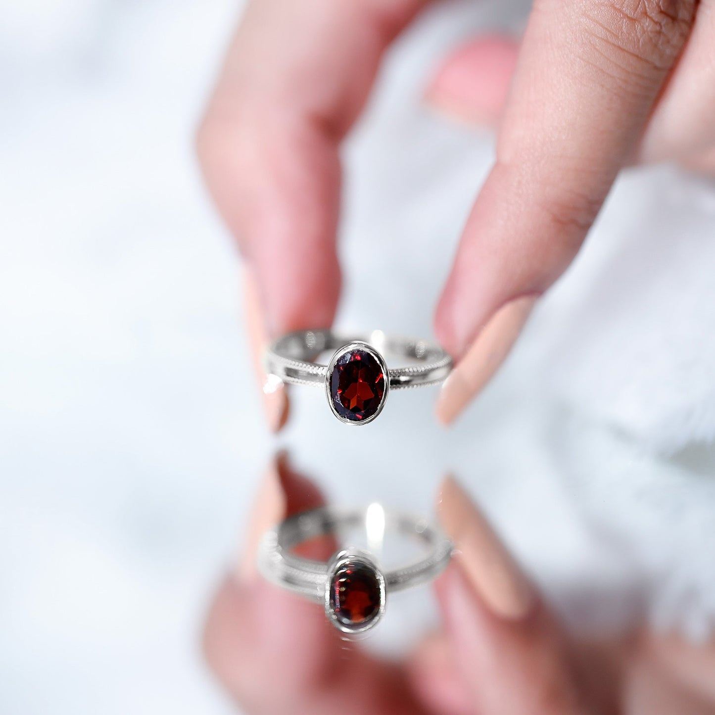 Certified Real Garnet Oval Engagement Ring in Bezel Setting