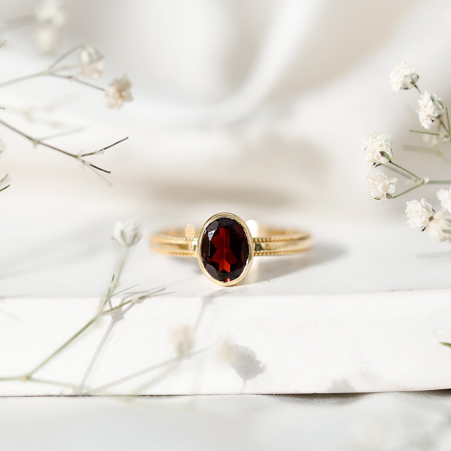 Certified Real Garnet Oval Engagement Ring in Bezel Setting