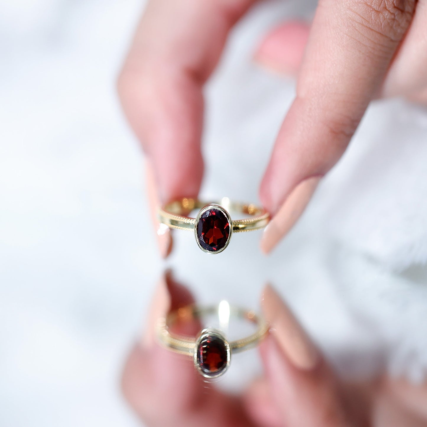 Certified Real Garnet Oval Engagement Ring in Bezel Setting