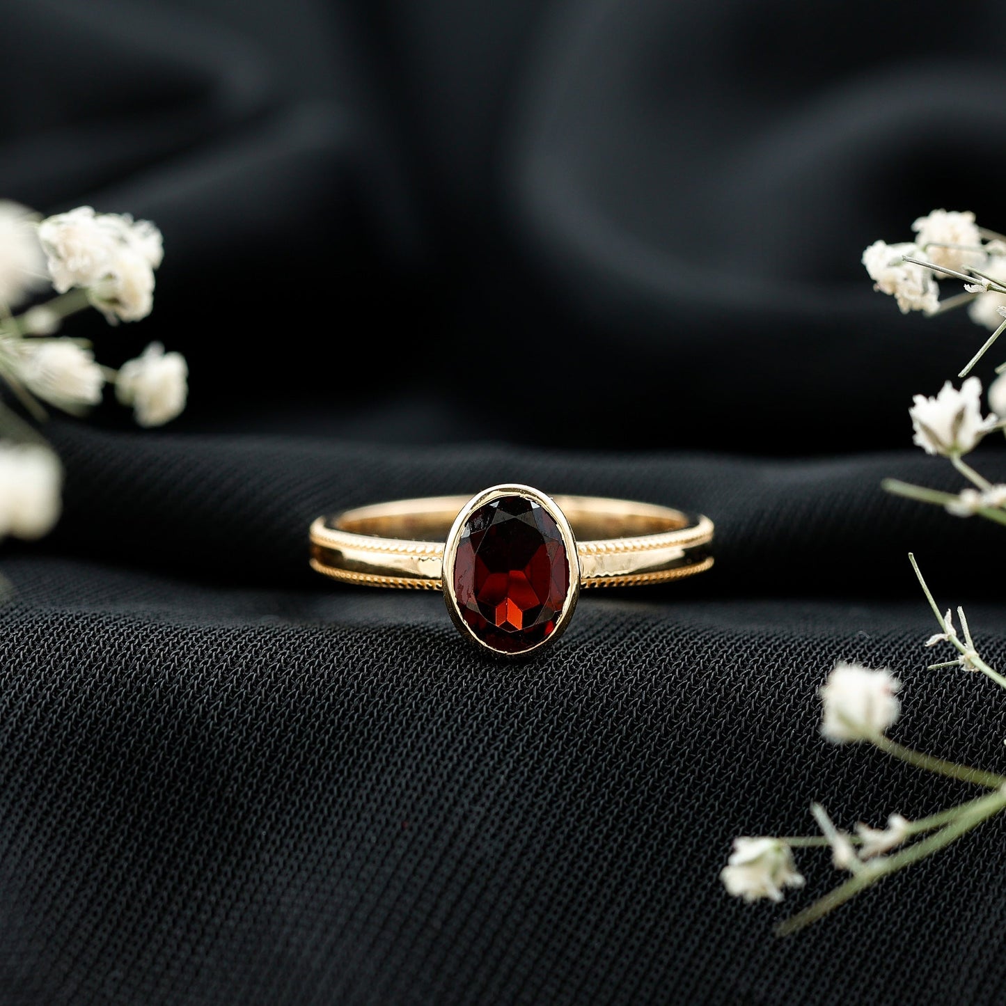Certified Real Garnet Oval Engagement Ring in Bezel Setting