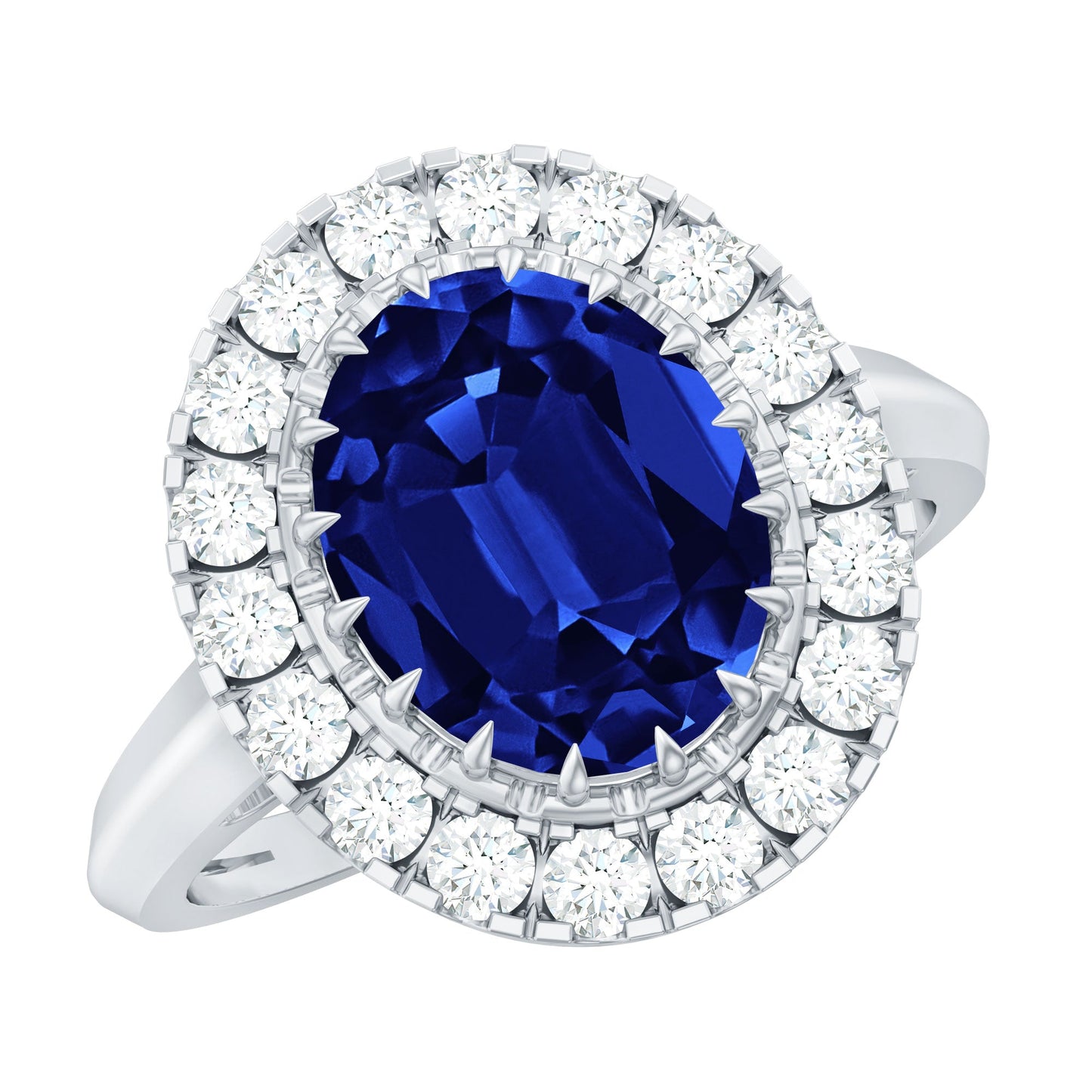 Certified 4 Carat Lab Grown Blue Sapphire Oval Engagement Ring with Diamond Halo