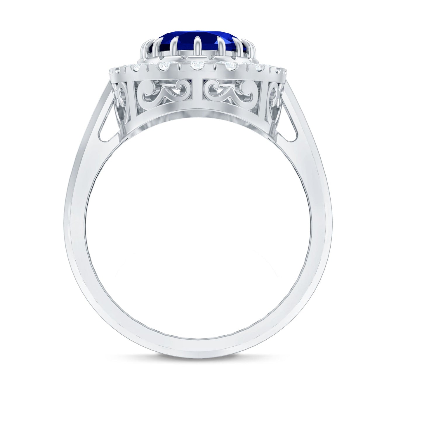Certified 4 Carat Lab Grown Blue Sapphire Oval Engagement Ring with Diamond Halo