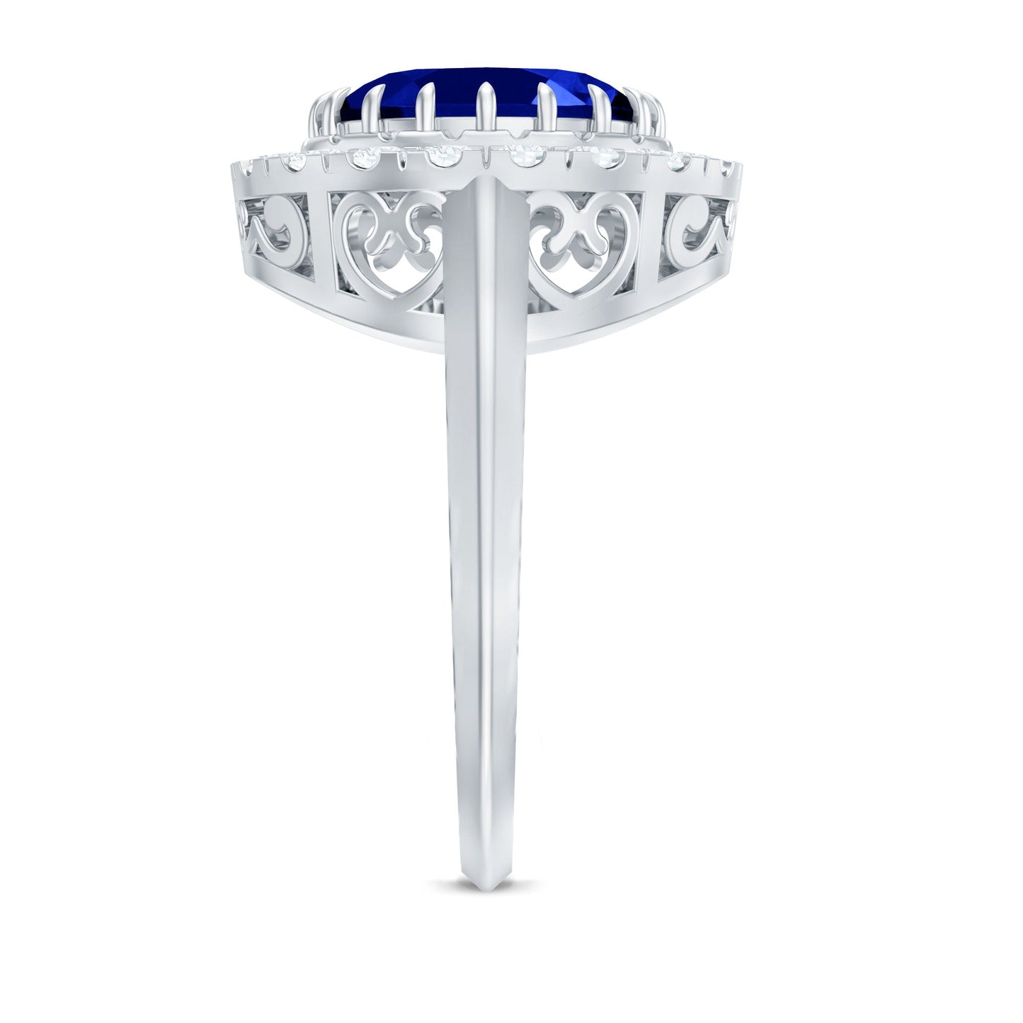 Certified 4 Carat Lab Grown Blue Sapphire Oval Engagement Ring with Diamond Halo