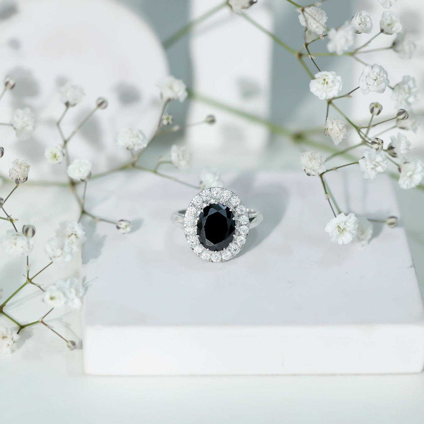 Certified 4.2 Carat Lab Grown Black Diamond Huge Engagement Ring with White Diamond Halo