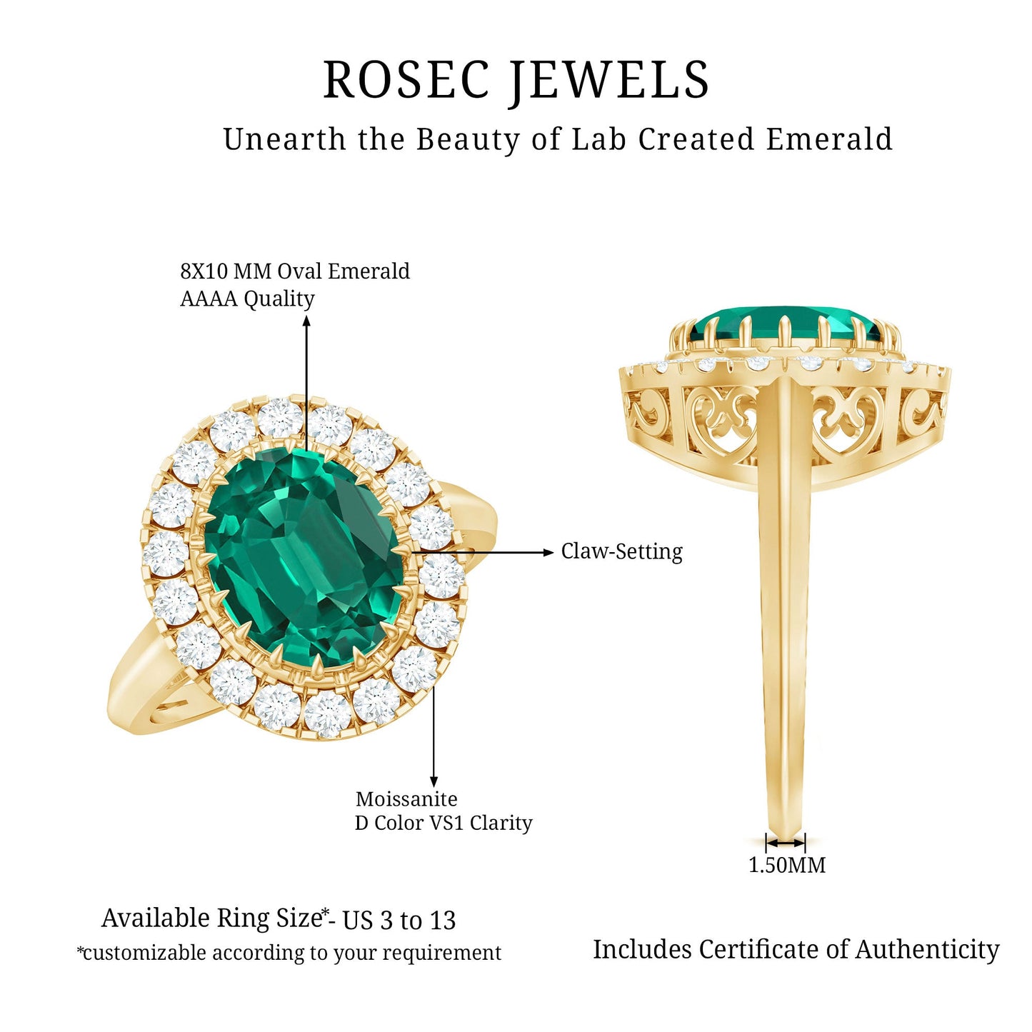 Certified 3 Carat Oval Lab Grown Emerald Vintage Looking Engagement Ring with Halo