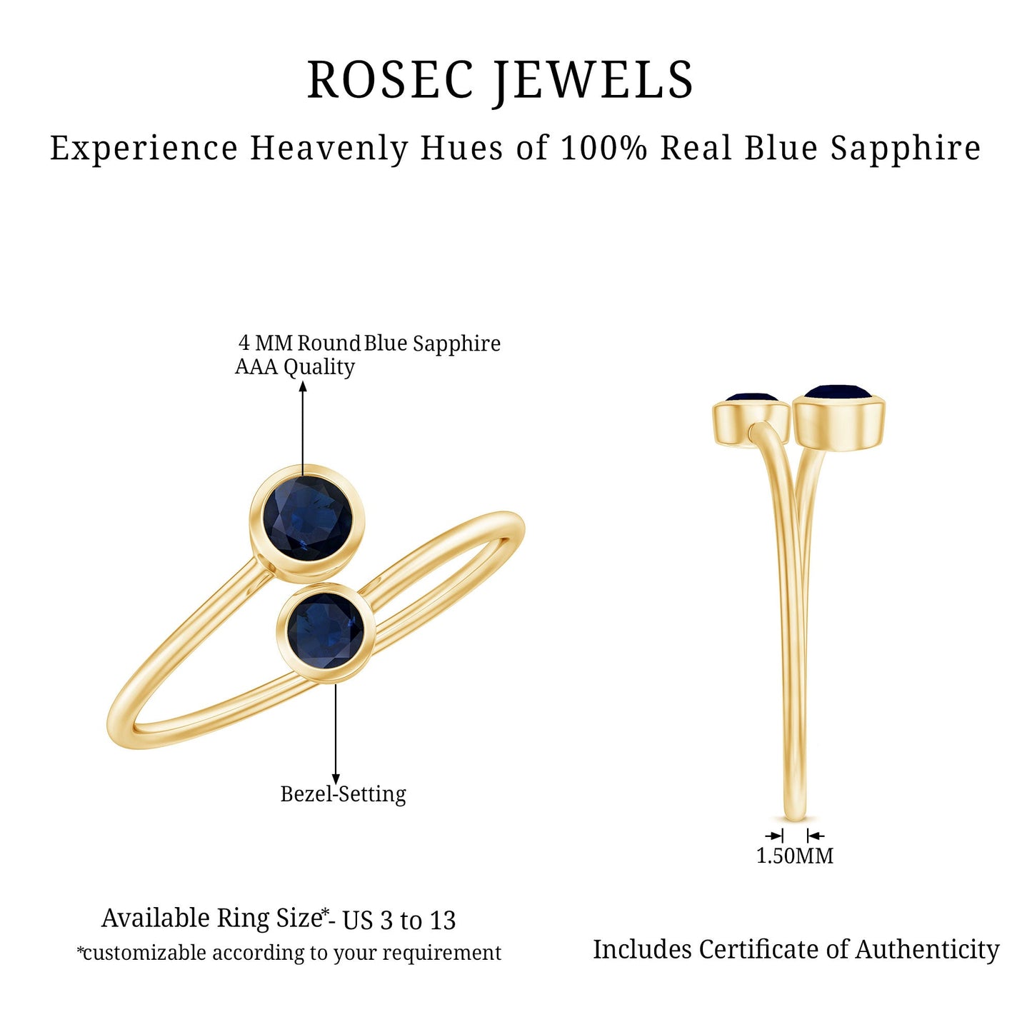 Bezel Set Blue Sapphire Two Stone Promise Ring in Bypass Shank