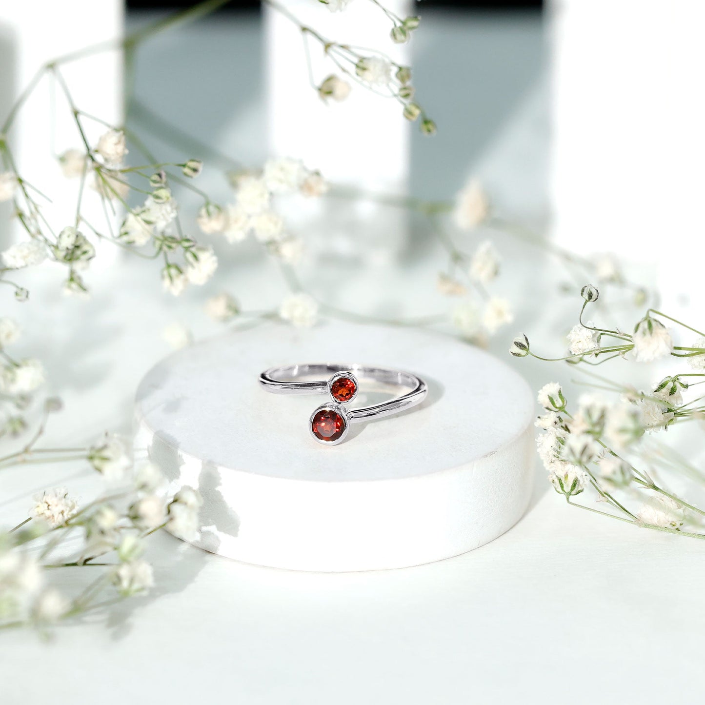 Natural Garnet 2 Stone Promise Ring with Bypass Shank