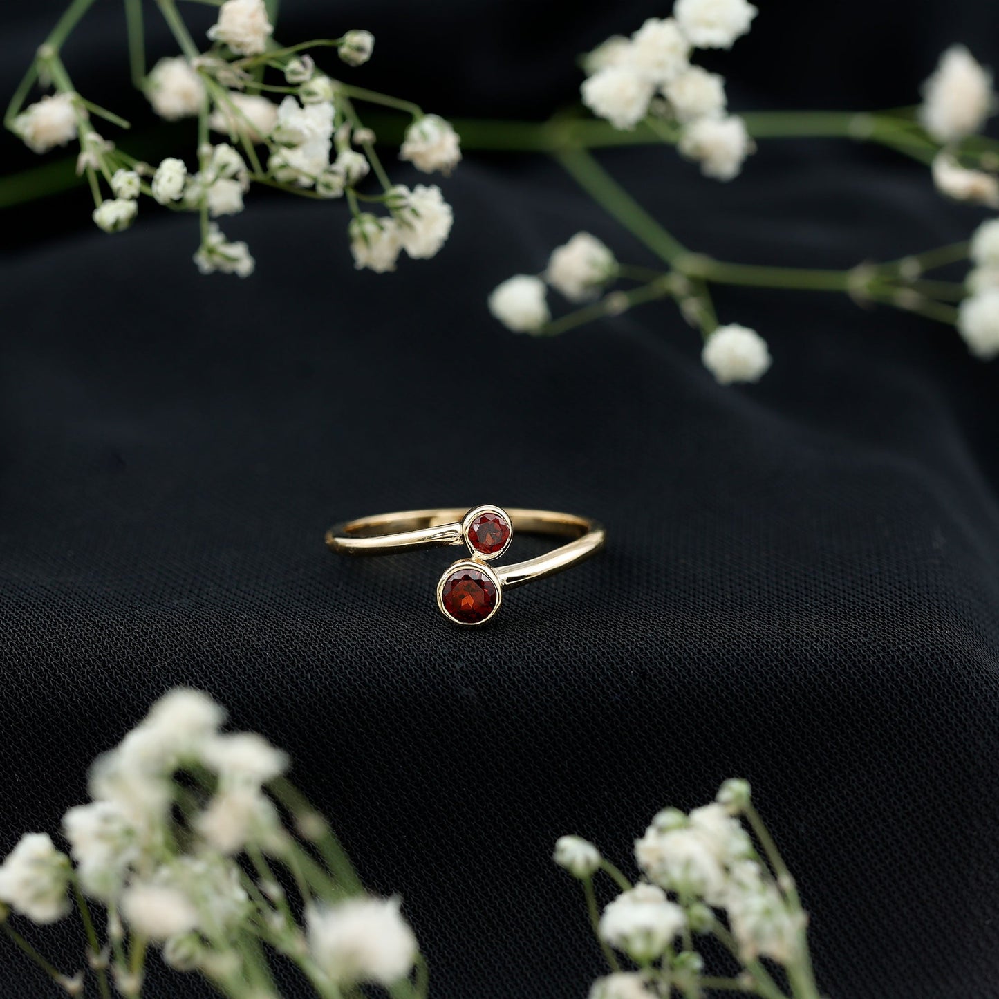 Natural Garnet 2 Stone Promise Ring with Bypass Shank