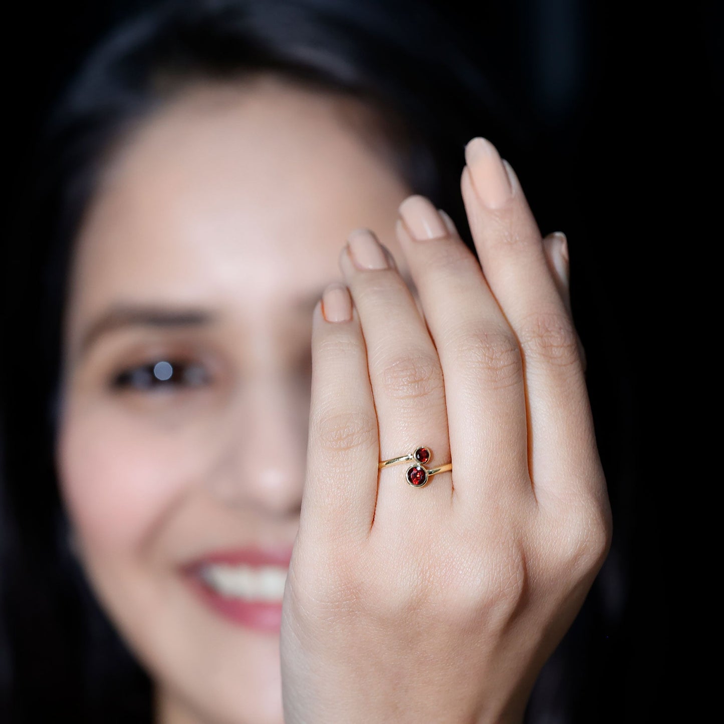 Natural Garnet 2 Stone Promise Ring with Bypass Shank