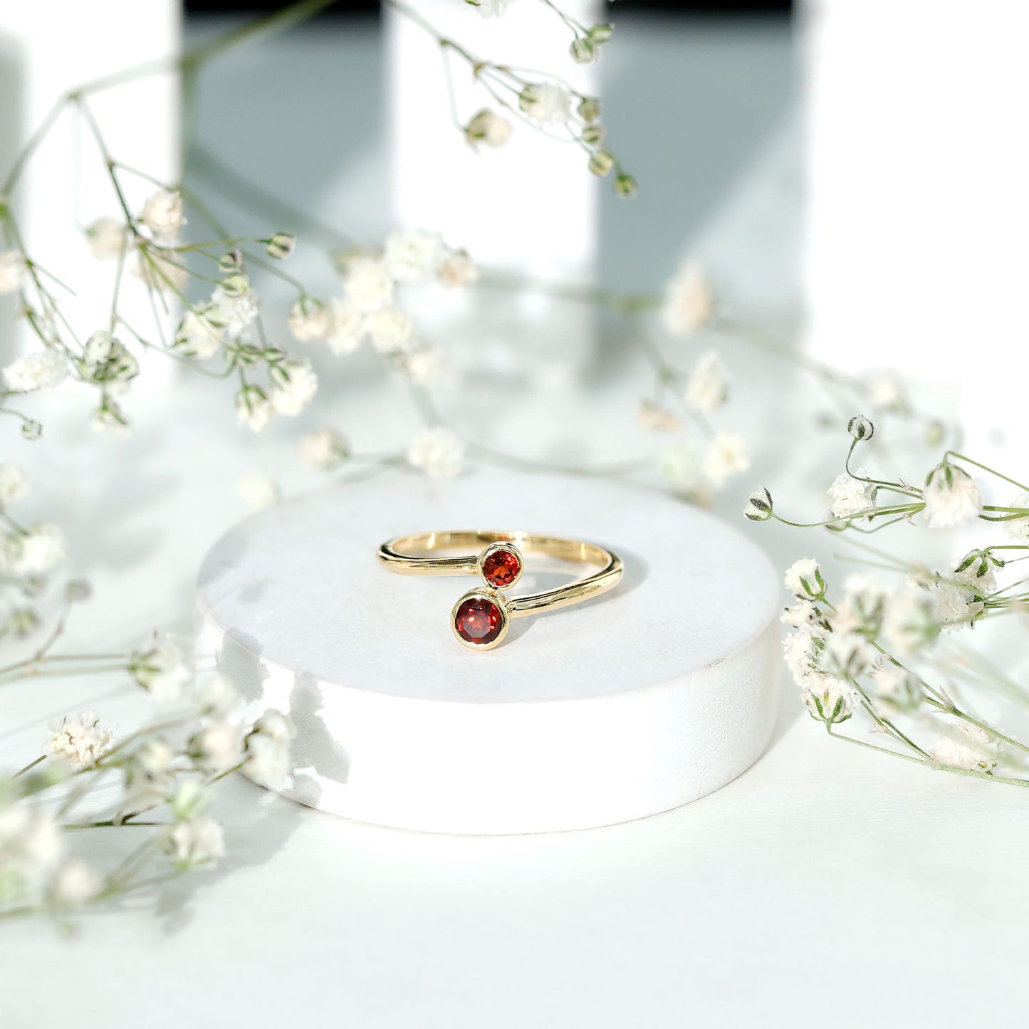 Natural Garnet 2 Stone Promise Ring with Bypass Shank