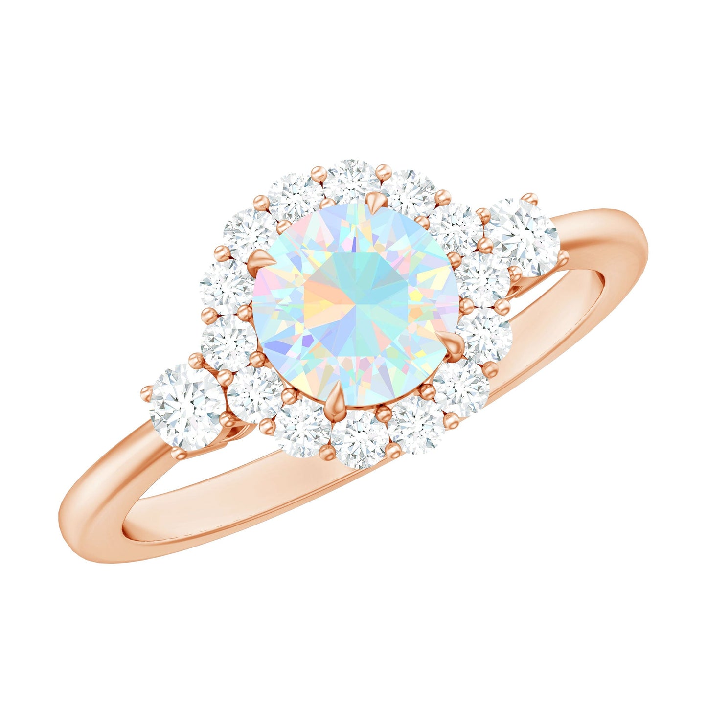 Classic Ethiopian Rainbow Opal Engagement Ring with Diamond Halo