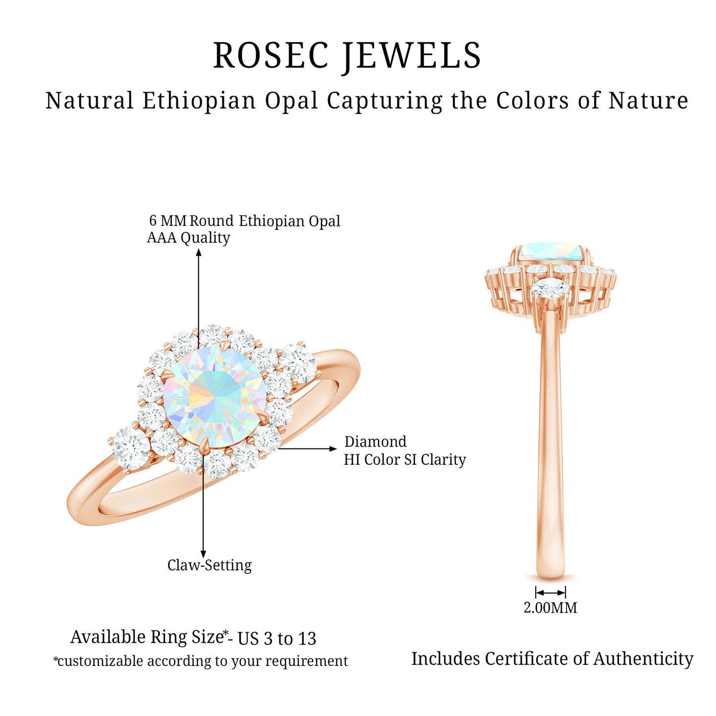 Classic Ethiopian Rainbow Opal Engagement Ring with Diamond Halo