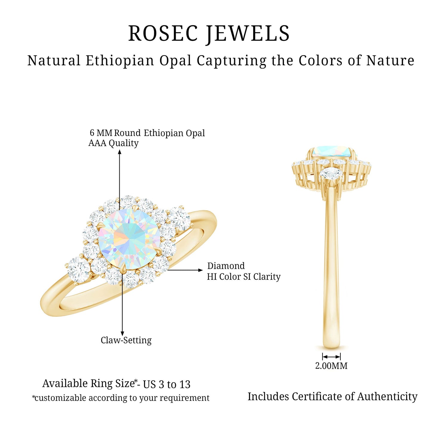 Classic Ethiopian Rainbow Opal Engagement Ring with Diamond Halo