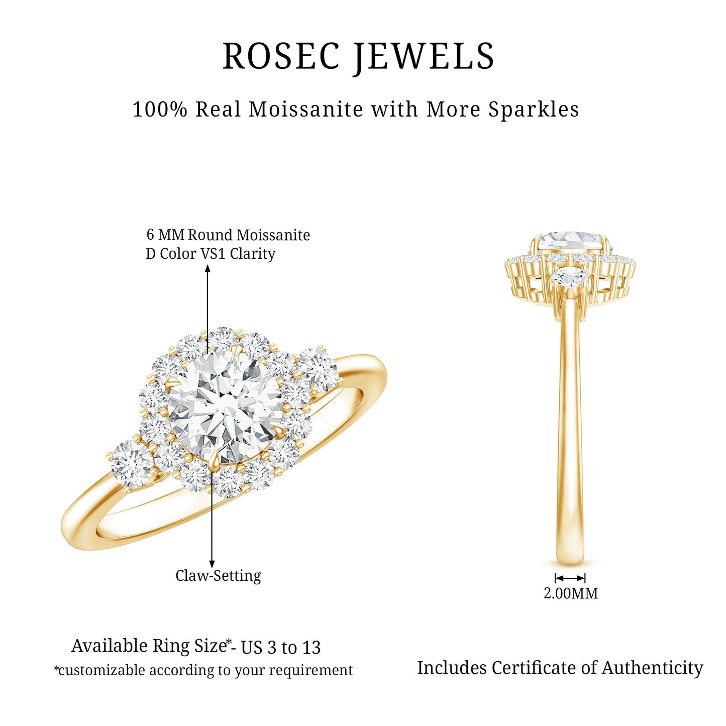 Round Cut Moissanite Halo Engagement Ring with Certificate