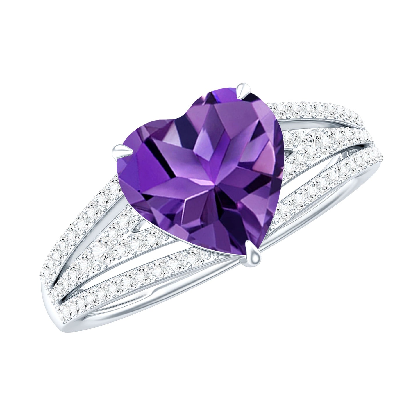 Natural 2 Carat Amethyst Heart Engagement Ring with Diamond Split Shank