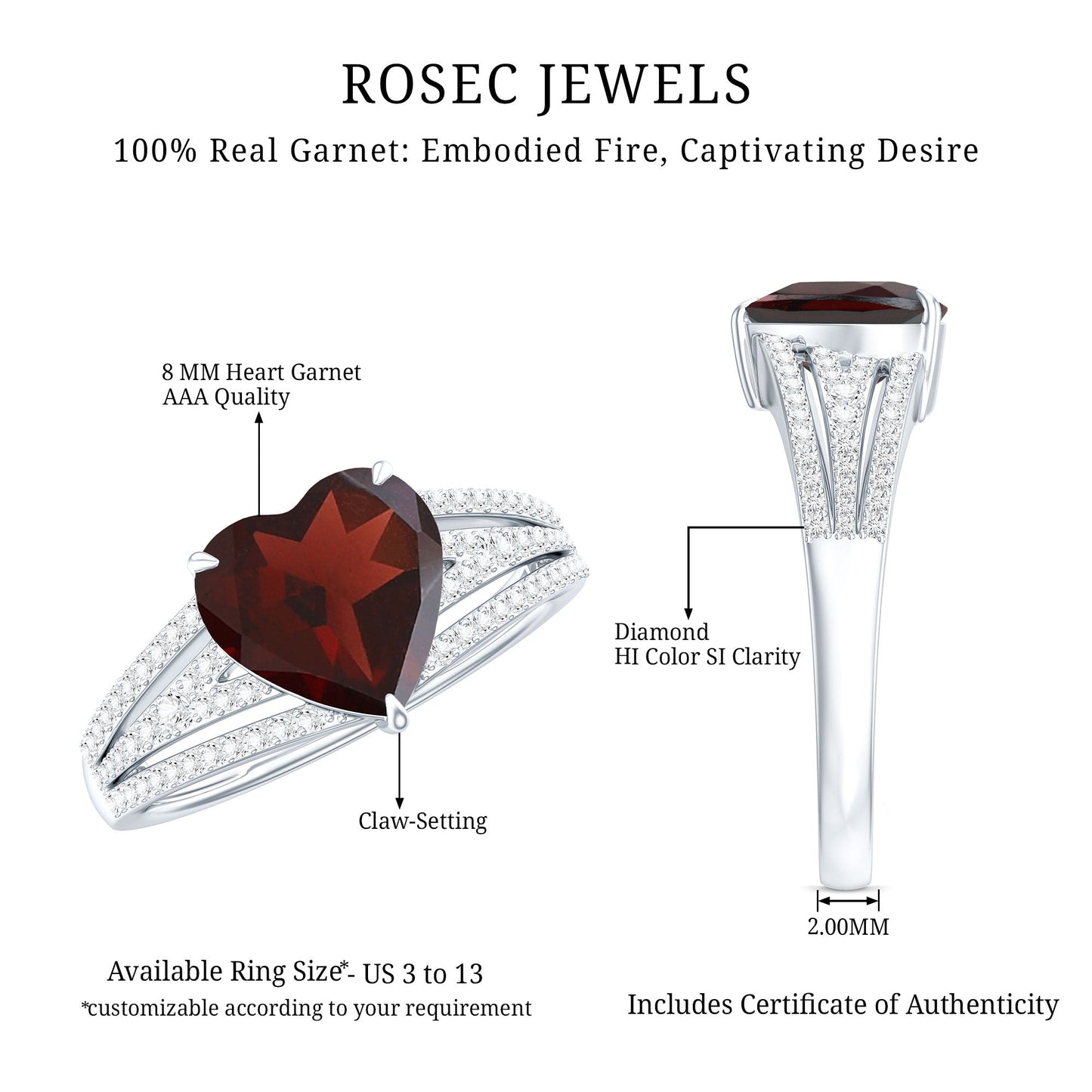 Natural 4 Carat Garnet Heart Engagement Ring with Diamond Split Shank