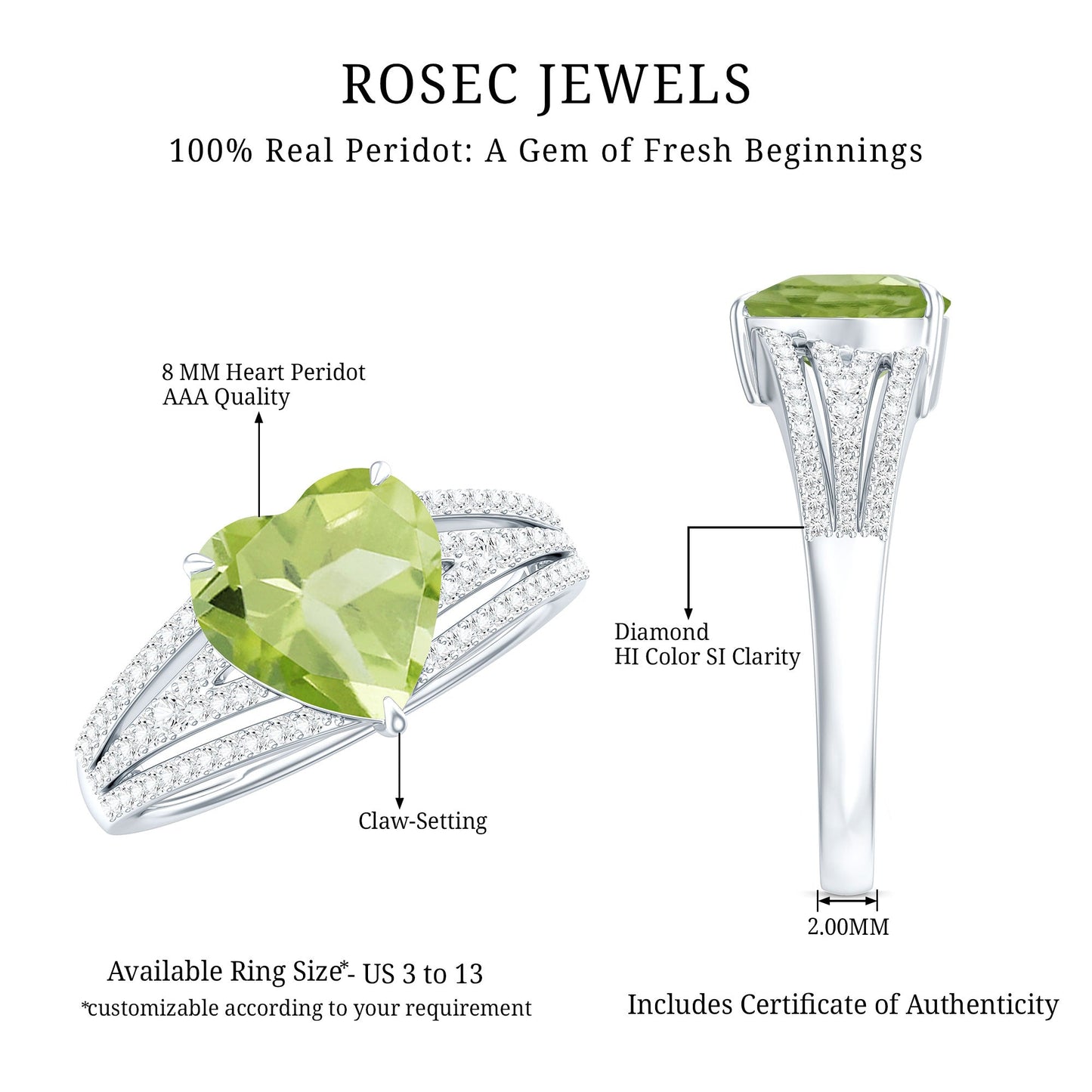 Natural 2 Carat Peridot Heart Engagement Ring with Diamond