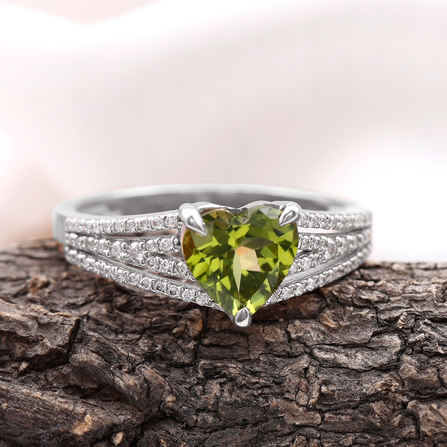 Natural 2 Carat Peridot Heart Engagement Ring with Diamond
