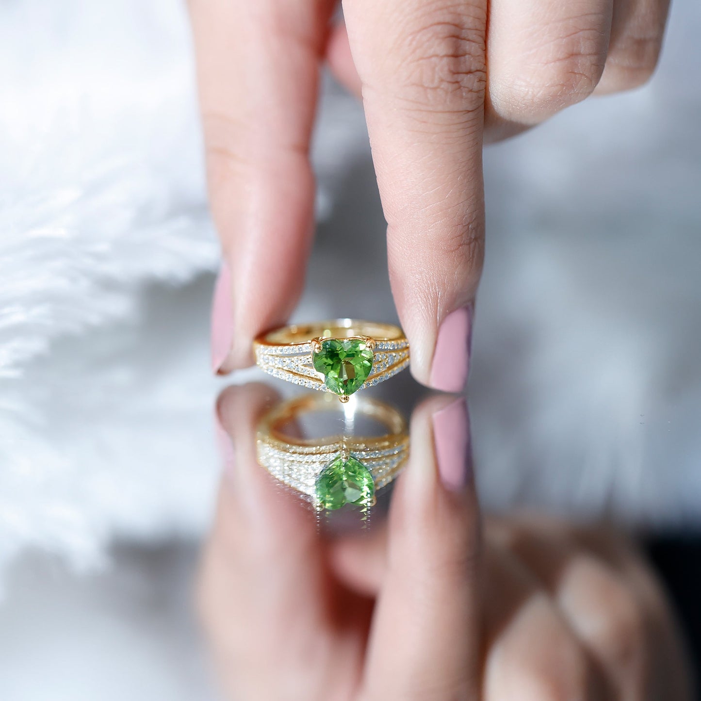 Natural 2 Carat Peridot Heart Engagement Ring with Diamond