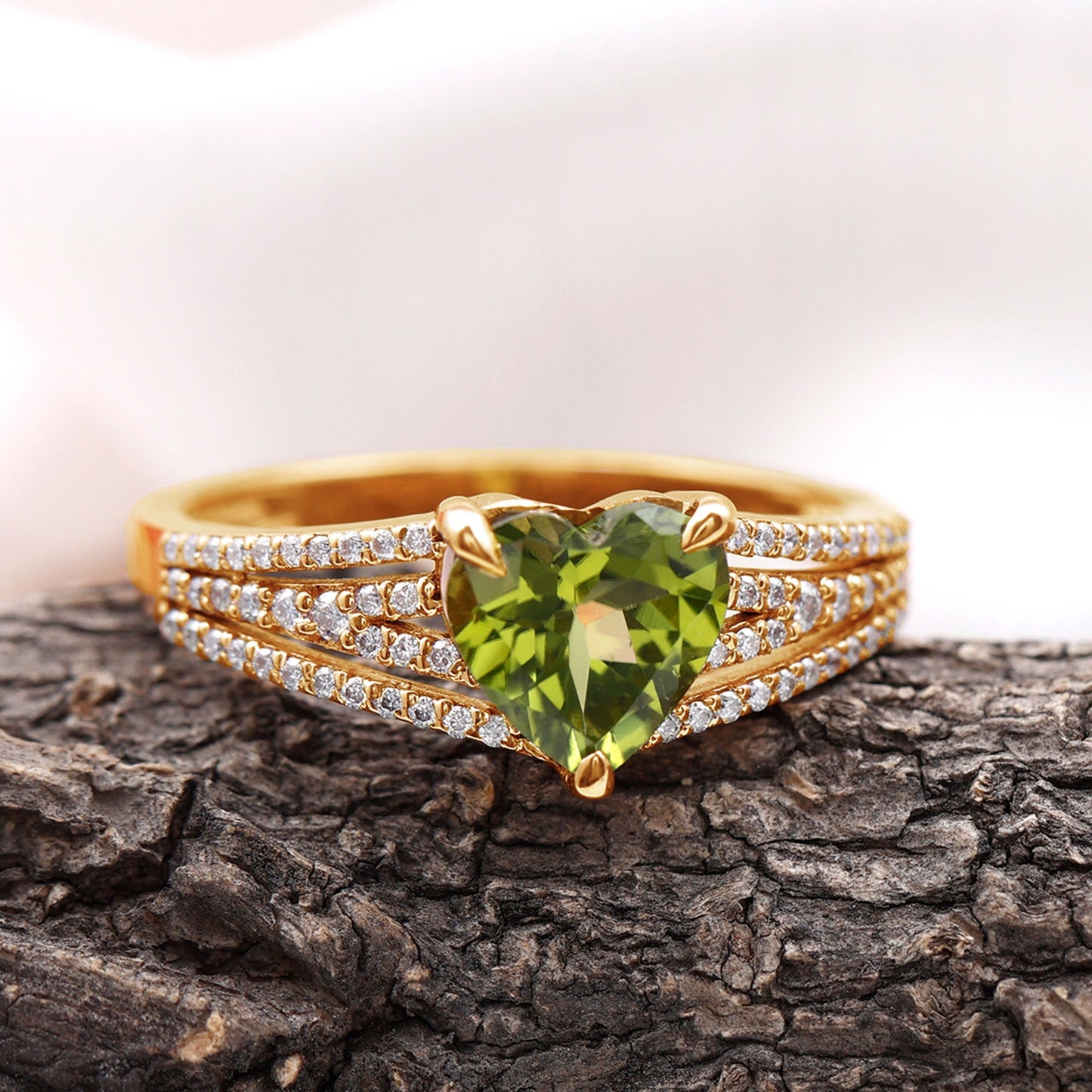 Natural 2 Carat Peridot Heart Engagement Ring with Diamond