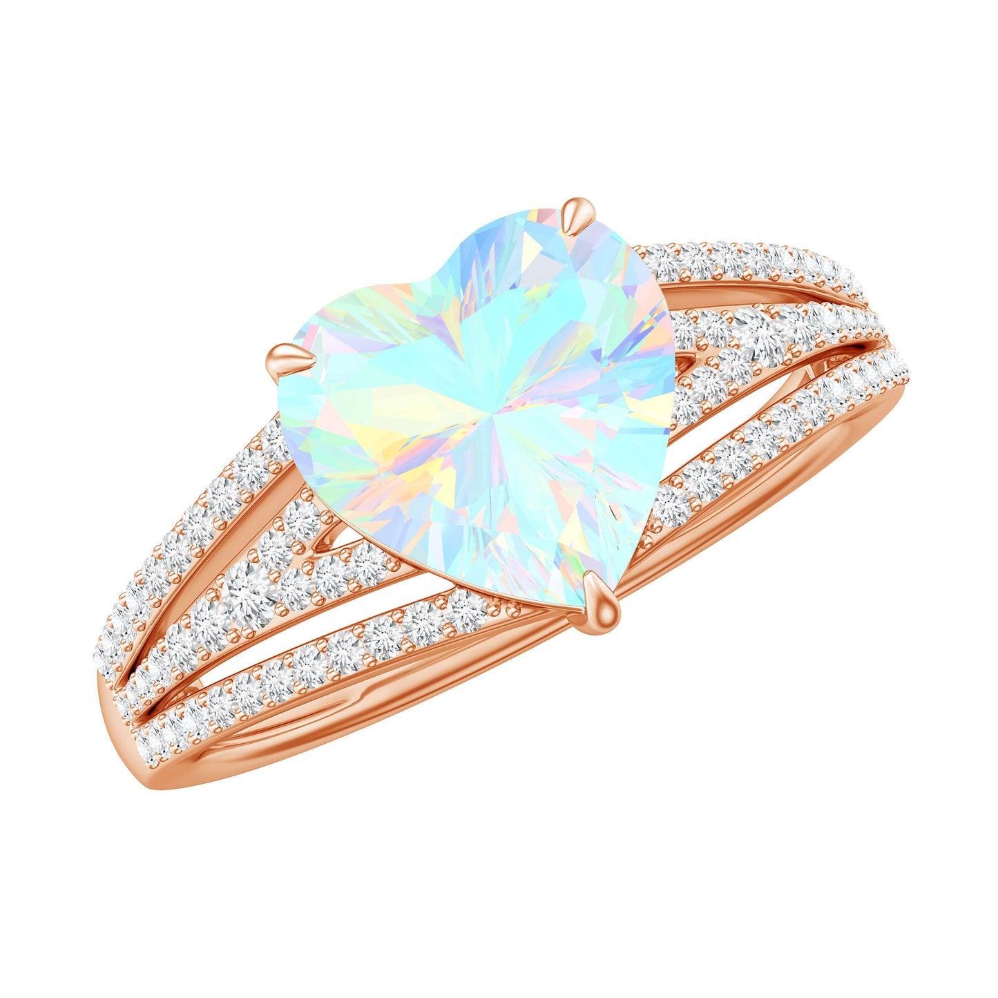 Designer Ethiopian Opal Heart Engagement Ring with Diamond Split Shank