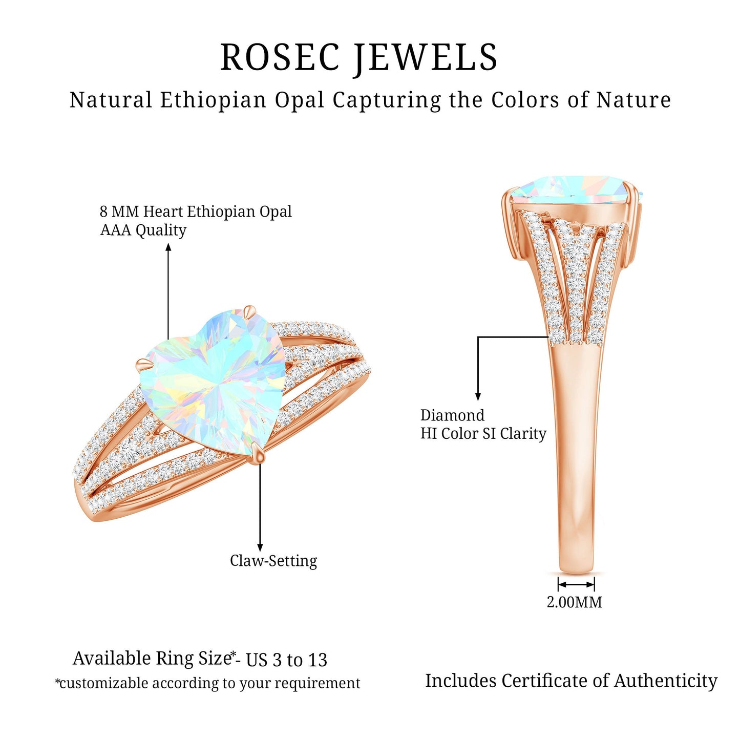 Designer Ethiopian Opal Heart Engagement Ring with Diamond Split Shank