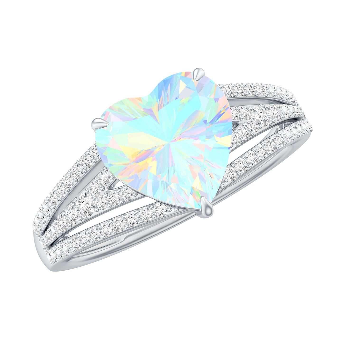 Designer Ethiopian Opal Heart Engagement Ring with Diamond Split Shank