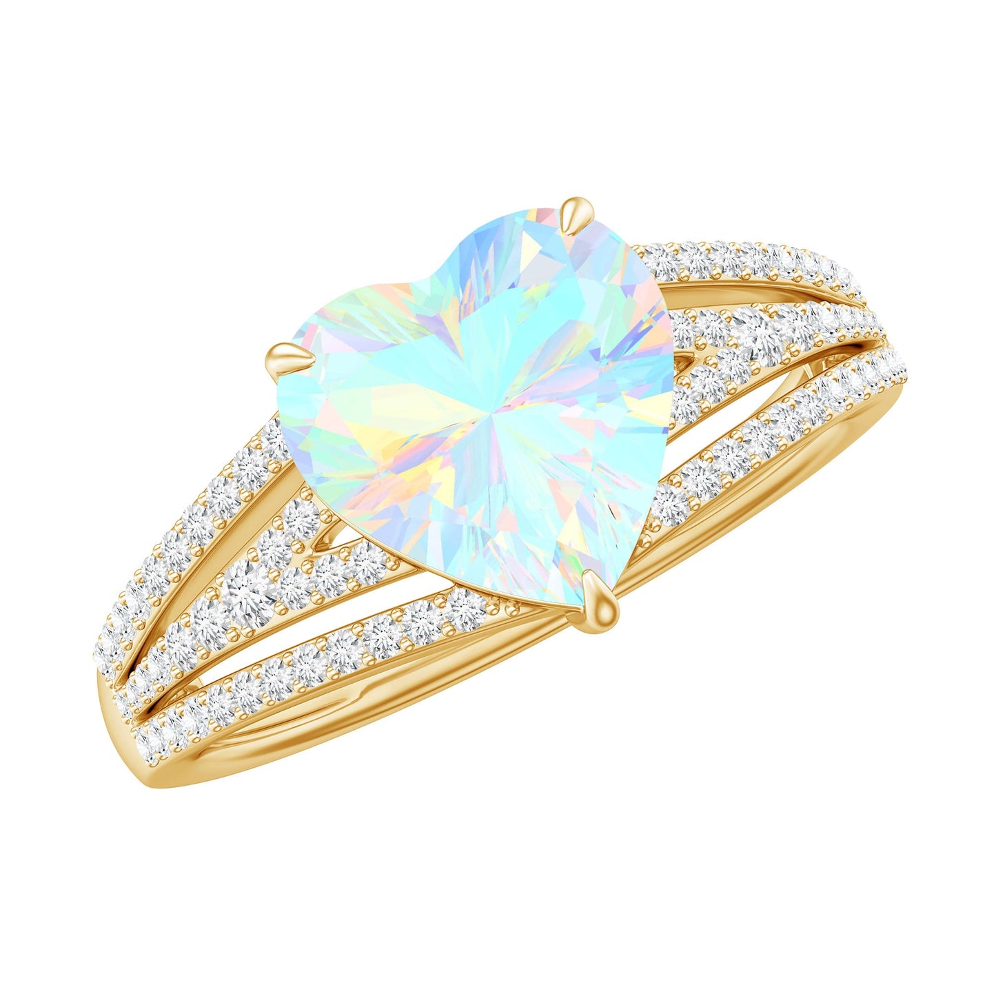 Designer Ethiopian Opal Heart Engagement Ring with Diamond Split Shank