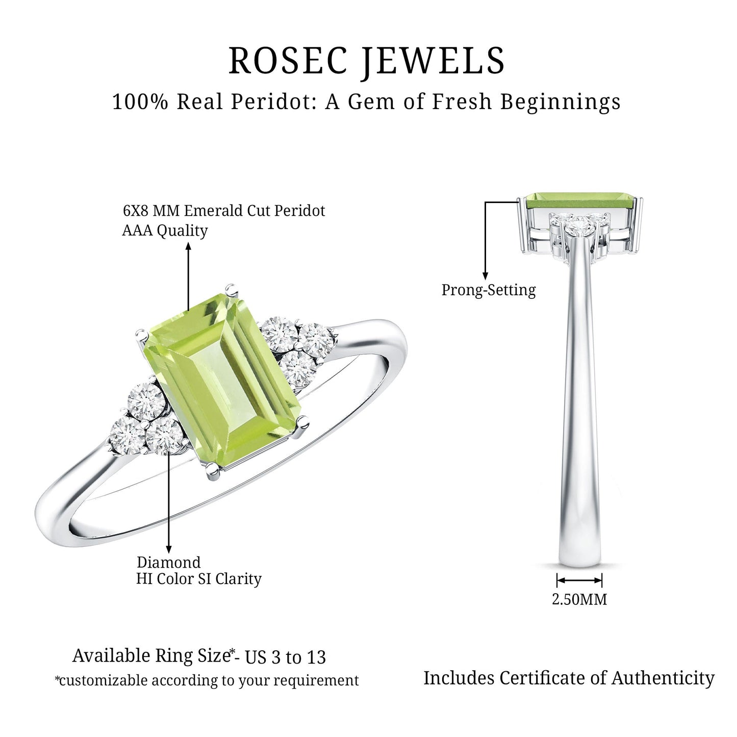 Emerald Cut Peridot Engagement Ring with Diamond Trio