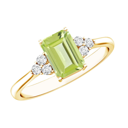 Emerald Cut Peridot Engagement Ring with Diamond Trio