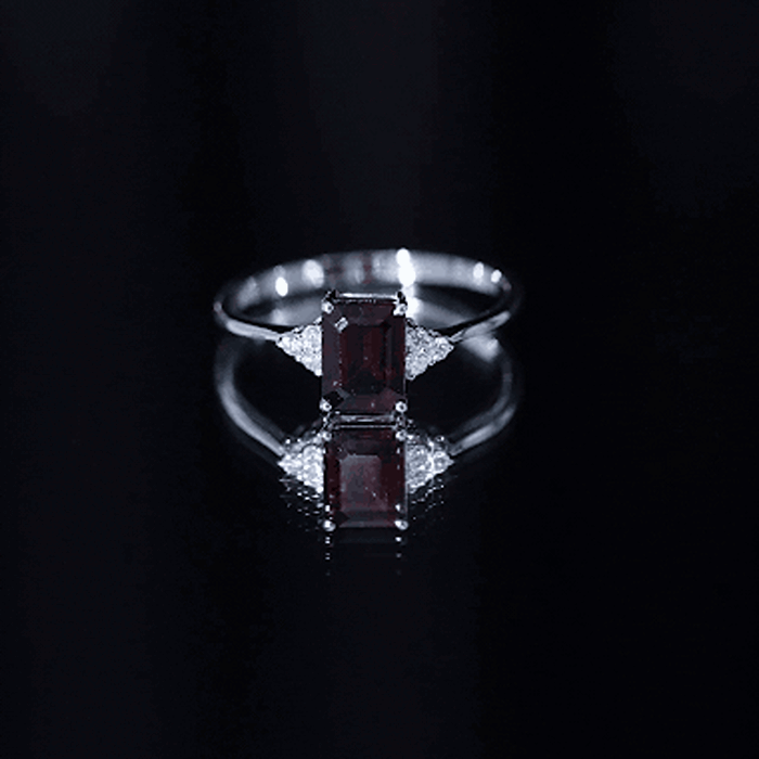 Natural Garnet Emerald Cut Engagement Ring with Diamond Trio